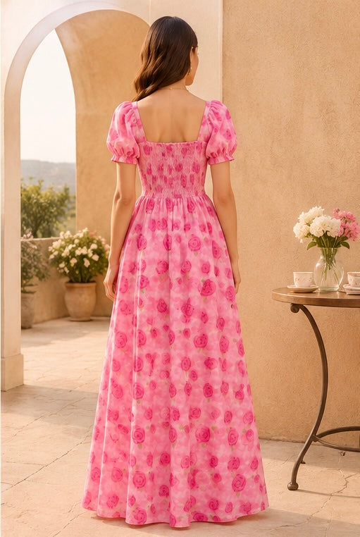 ROSALIE – Pink Rose Maxi Dress with Sleeves