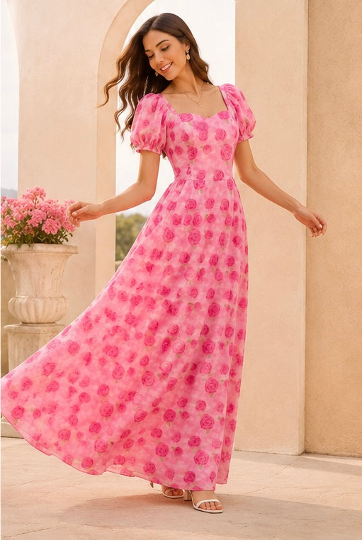ROSALIE – Pink Rose Maxi Dress with Sleeves