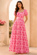 ROSALIE – Pink Rose Maxi Dress with Sleeves
