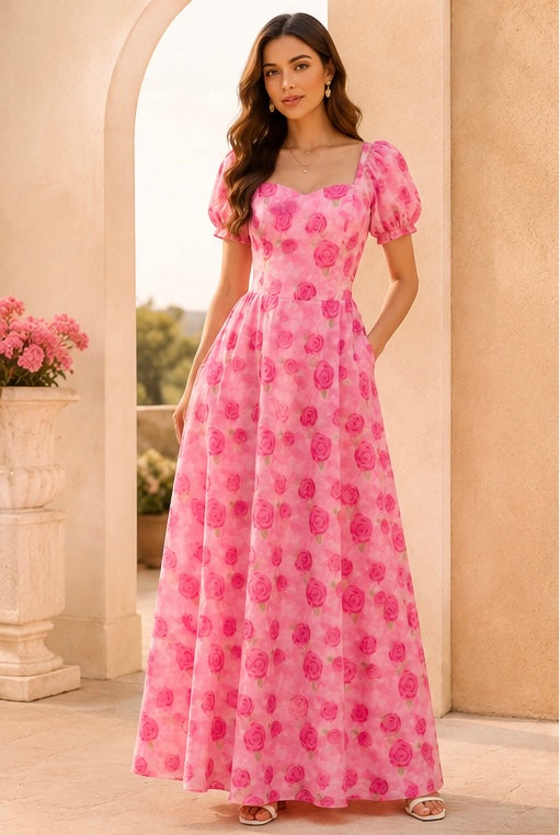 ROSALIE – Pink Rose Maxi Dress with Sleeves
